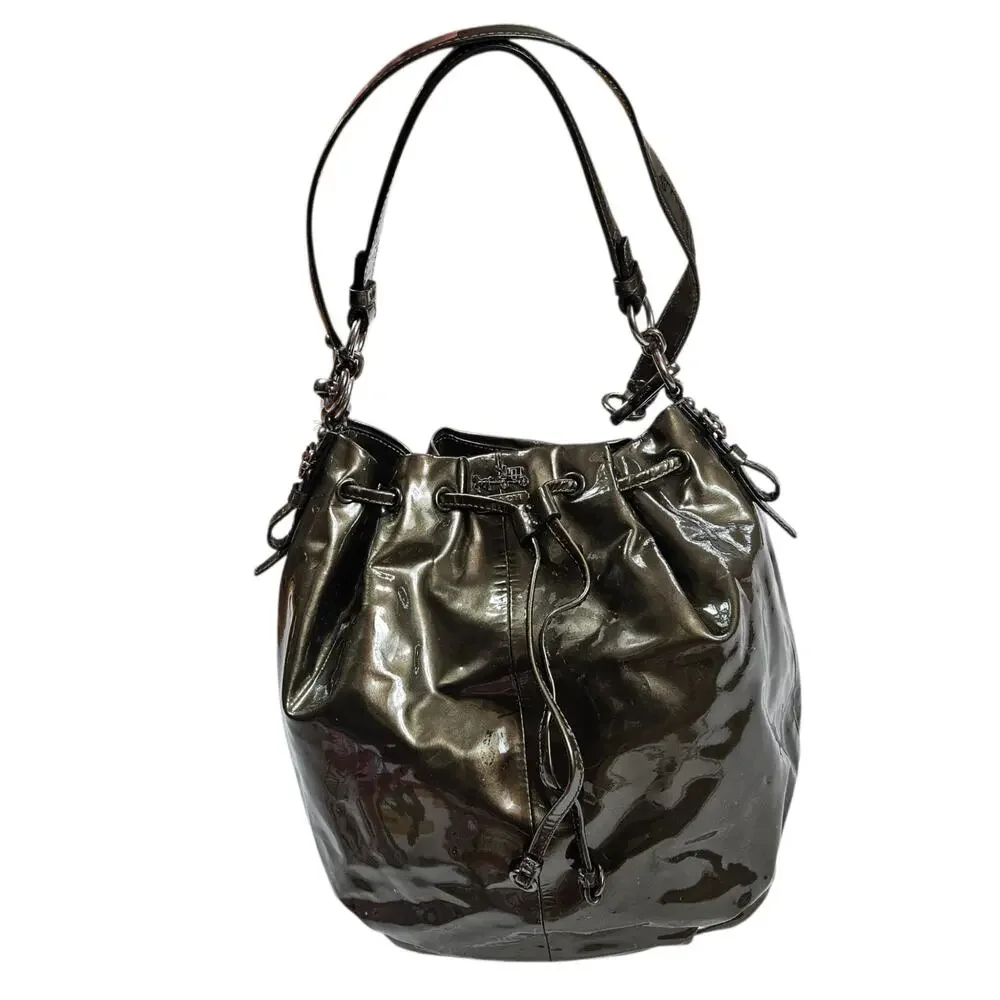 Coach Madison Marielle Drawstring Tote Bag Pewter Patent Leather
